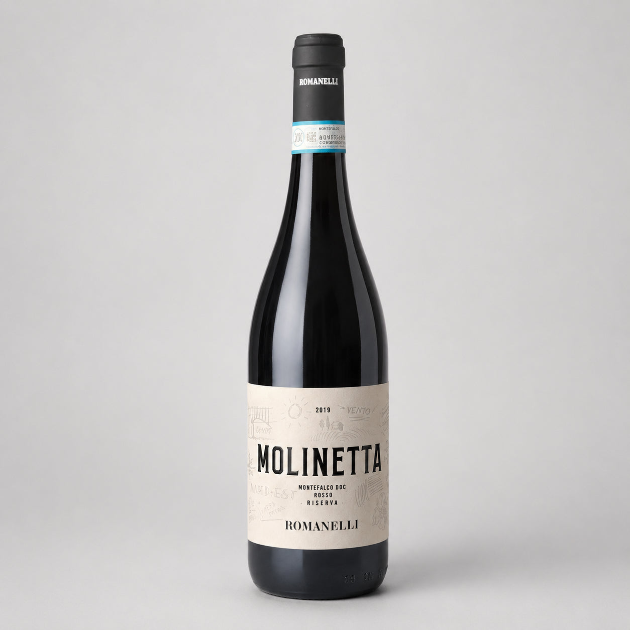Wine bottle Molinetta of type Montefalco from the producer Romanelli with label on a gray background