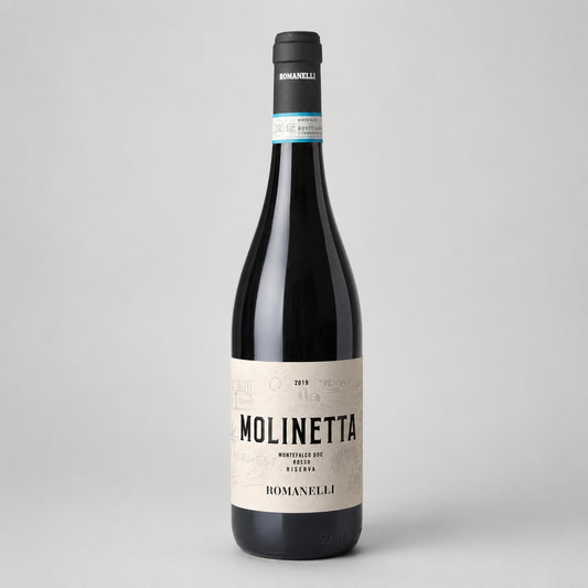 Wine bottle Molinetta of type Montefalco from the producer Romanelli with label on a gray background