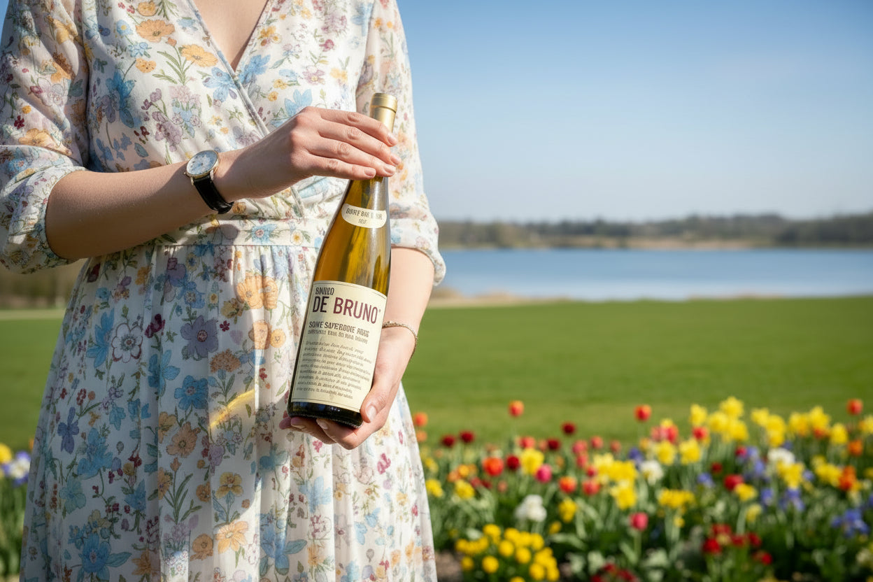 Person holding a bottle of  Sandro de Bruno Soave wine outdoors, with a floral background