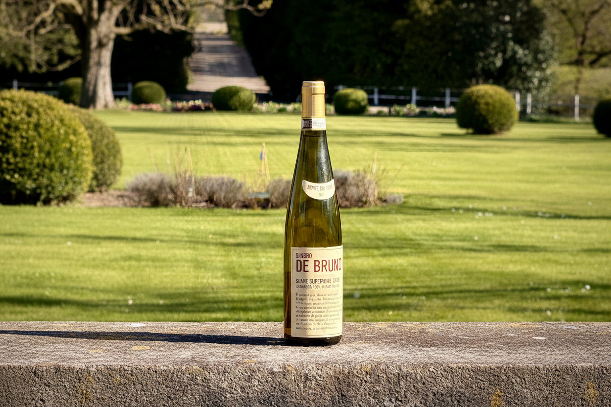 Bottle of Sandro De Bruno wine on a stone ledge with a garden background